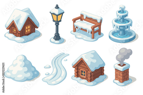 Winter Wonderland Scene Featuring Snowy Cottage Snowdrifts Streetlamp and Fountain
