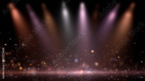 Dramatic nightclub celebration background with vibrant lights and sparkling confetti creating an energetic atmosphere perfect for festive events and celebrations with copy space