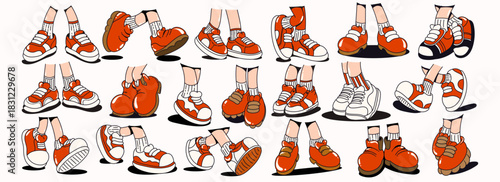 Mascots legs in different poses, red and white retro sneakers shoes in groovy 70s style on white background, playful vector character elements