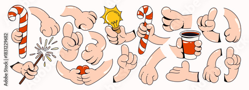 Playful cartoon hands pack. Expressive gestures with coffee, candy cane and heart, groovy retro character arms in vintage mascot style.