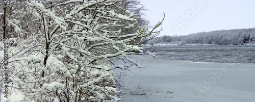 Freshly fallen snow on Pierce Lake at Rock Cut State Park in Illinois