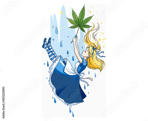 A whimsical watercolor illustration of Alice from Alice in Wonderland