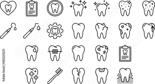 Dental care and oral health line art icon set featuring teeth conditions, hygiene tools, treatment symbols, dentistry graphics, cad drawing flat vector illustration