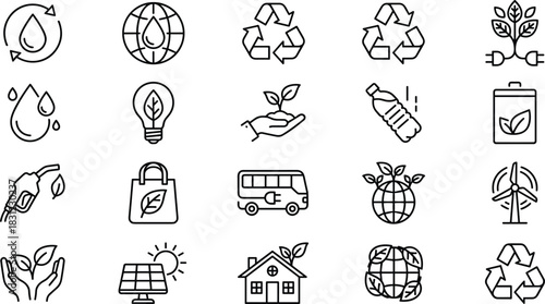 Eco sustainability and recycling line art icon set featuring renewable energy, green lifestyle symbols, environmental conservation elements, cad drawing flat vector illustration