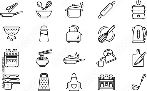 Kitchen cooking utensils line art icon set featuring cookware, appliances, food preparation tools, baking elements, culinary equipment symbols, cad drawing flat vector illustration
