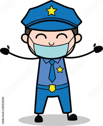 Happy Policeman Wearing Medical Mask Protection, Cartoon Officer Smiling with Open Arms, Law Enforcement During Pandemic, Safety, Health and Support Concept