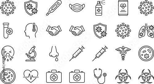 Medical virus protection and healthcare prevention line art icon set featuring symptoms, vaccination, immunity, diagnostics, safety symbols, cad drawing flat vector illustration