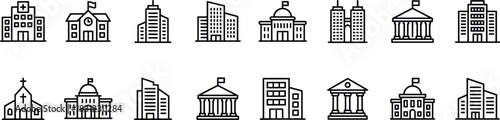 Public buildings and architecture line icon set featuring schools, hospitals, government institutions, churches, offices, city structures, cad drawing flat vector illustration