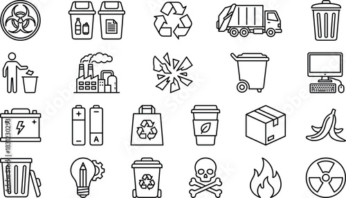 Recycling and waste management line art icon set featuring trash bins, hazards, eco symbols, disposal elements, environmental safety signs, cad drawing flat vector illustration