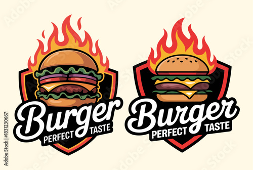 Eye-catching Burger Logo with Flames Featuring Perfect Taste and Juicy Ingredients