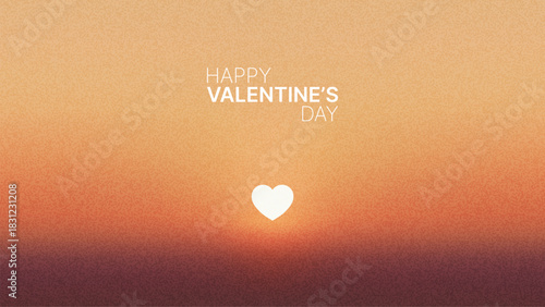 Happy Valentines Day text with white heart on sunset gradient background. Romantic holiday greeting card for celebration of love.