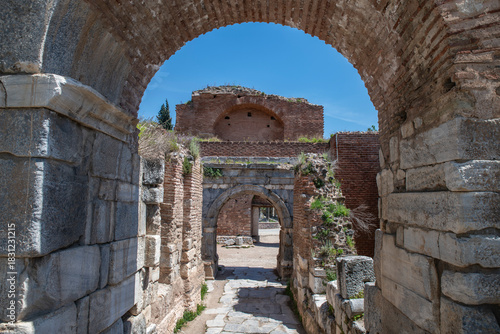 Fototapeta Naklejka Na Ścianę i Meble -  Iznik Castle gate, walls and water channel in Türkiye 2025 