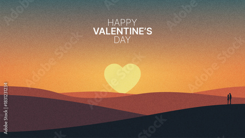 Happy Valentines Day vector illustration with a heart shaped sun setting over rolling hills and a lone man for greeting card.