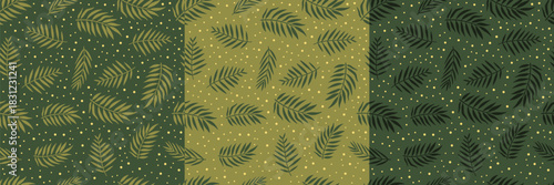 A seamless pattern set with tropical leaves in various shades of green, adorned with yellow dots. The vector design has a modern, nature-inspired aesthetic, perfect for backgrounds, textiles, or decor