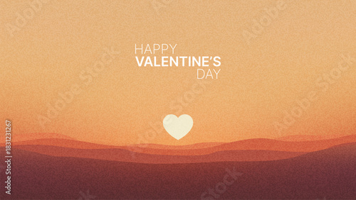 Happy Valentines Day text with heart shape rising above abstract wavy landscape at sunset. Love and romance concept for greeting card.
