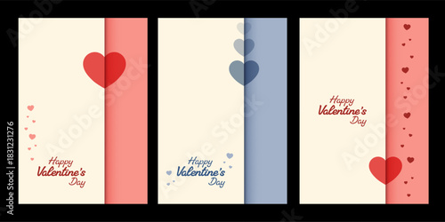 Set of three Valentines Day greeting card templates with hearts. Minimalistic love and romance concept for holiday celebration.