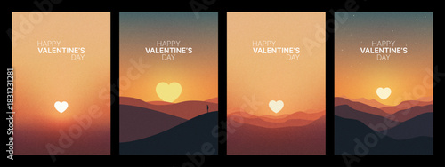 Happy Valentines Day greeting card set with abstract mountain landscapes and heart-shaped sun or moon for romantic holiday celebration vector.