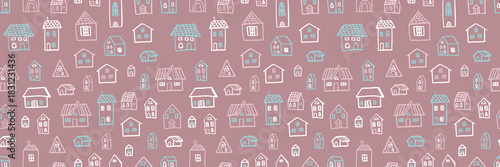 Seamless pattern with cute hand-drawn houses in soft pastel colors. Cozy village doodles on a warm pink background. Ideal for wallpapers, kids designs, textiles, wrapping paper, and home decor.