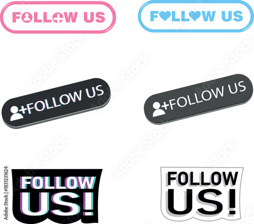 A set of monochrome, color, and glitch vector follow us icons.