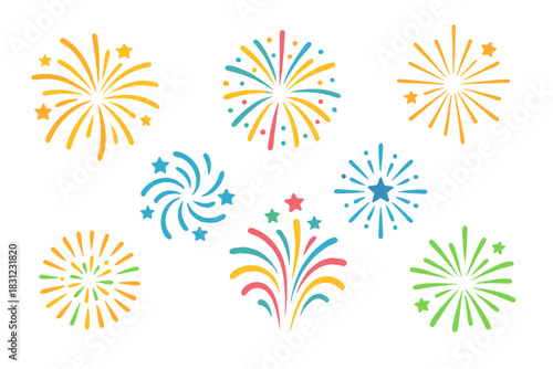 A colorful fireworks vector collection featuring diverse firework shapes, starbursts, and celebratory designs set against a white background