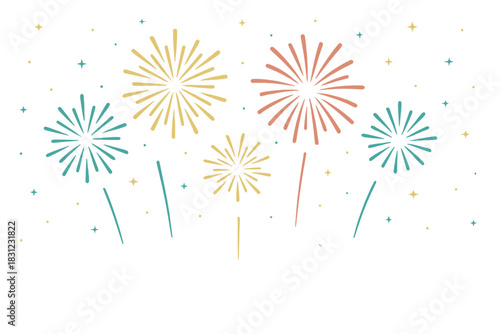 image of a festival fireworks show illuminating the city skyline at night, featuring abstract, colorful bursts for holidays and celebrations against a starry sky, with a copy space for text