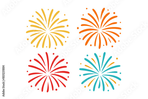Bright fireworks explosions set against a transparent background, featuring New Year's Eve sparks and realistic light effects, ideal as a vector illustration element for your design