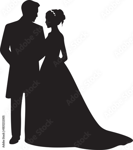 Elegant silhouette shows groom and bride looking at each other with transparent background