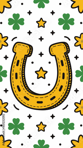 St. Patrick's Day lucky horseshoe and clover pattern. Vertical cartoon vector illustration. Irish holiday symbol for good luck and fortune