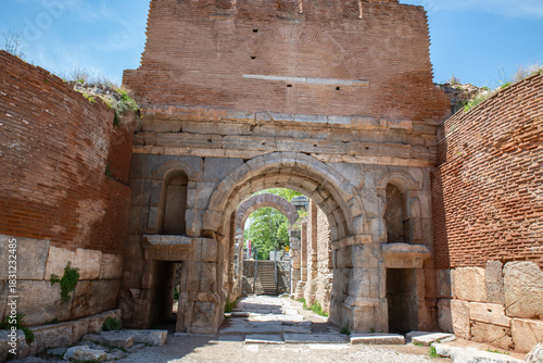 Fototapeta Naklejka Na Ścianę i Meble -  Iznik Castle gate, walls and water channel in Türkiye 2025 