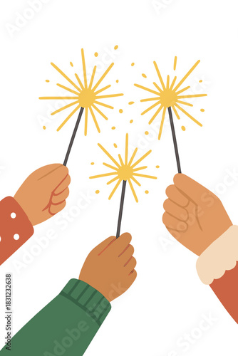 Intimate close‑up of family hands holding sparklers on Christmas Eve, high definition