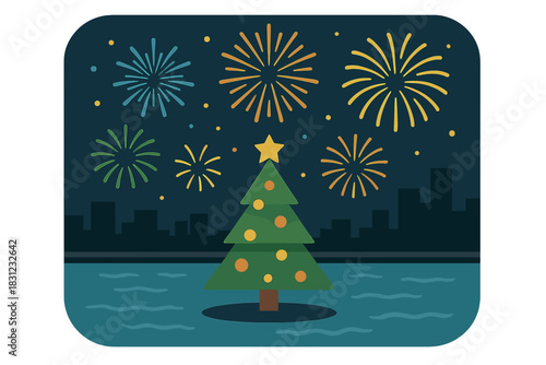 New Year's fireworks light up the waterfront above a floating Christmas tree