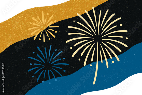 A glittering background of abstract gold, black, and blue with fireworks, evoking a holiday concept that blends Christmas Eve and the Fourth of July