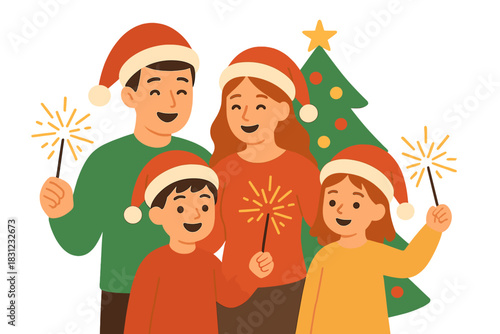 A lovely family celebrating Christmas while holding sparklers
