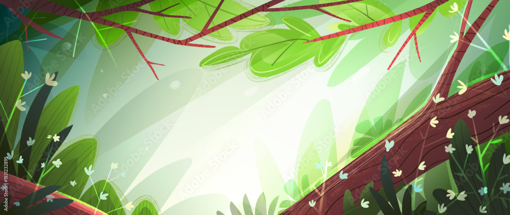 Fototapeta premium Vibrant Green Forest Scene With Sunlit Foliage and Bright Canopy. Nature illustration with copyspace in the middle. Hand drawn woodland vector cartoon illustration for children.