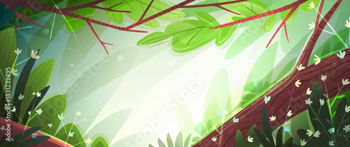 Vibrant Green Forest Scene With Sunlit Foliage and Bright Canopy. Nature illustration with copyspace in the middle. Hand drawn woodland vector cartoon illustration for children.