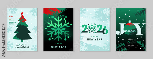 Colored grunge greeting cards set for Merry Christmas and Happy New Year 2026. Creative vector design with xmas tree, facet snowflake, numbers 2026 and christmas ball