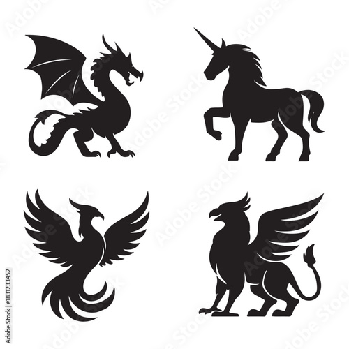 Mythical Creature Silhouette Logo Set – Dragon, Unicorn, Phoenix, Griffin