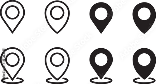 Black and white map pointers demonstrate varied styles for diverse navigation icons on a transparent background