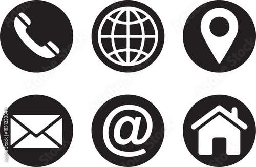 White contact symbols on black circles show phone, email, map, and website address