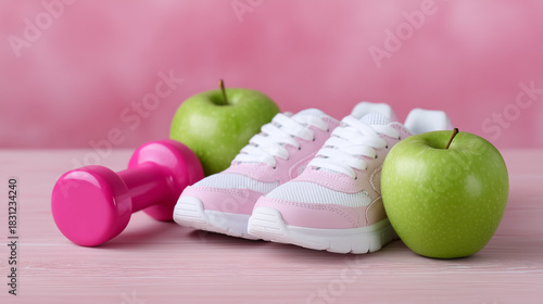 Pink athletic shoes positioned next to green apples and a pink dumbbell on a soft pink surface. Represents fitness, nutrition, and healthy living. Concept of wellness, gym, fitness coaching