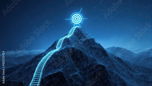 Glowing Staircase Ascends Mountain Peak Towards Neon Target Symbol.