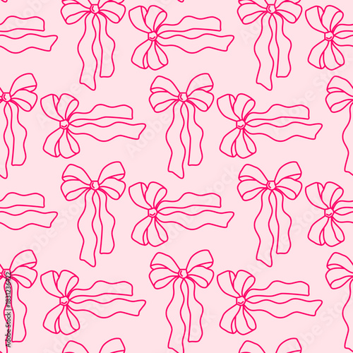 Pink seamless pattern with hand drawn bows styled as charming ribbon motifs perfect for birthday girl themes, wedding stationery and feminine decor.