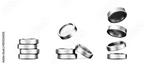 Halftone coin stacks with black, white dot grain gradation effect in a comic style. A set of money piles with a dotted collage texture, isolated on a white bg. Retro game tokens. 3D halftone vector