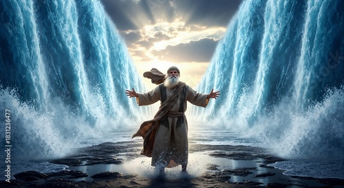 Prophet Moses parting the Red Sea with outstretched arms. Biblical miracle from the book of Exodus. Faith, divine power and leadership
