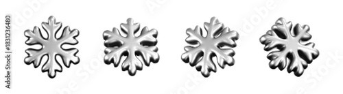 Black halftone snowflakes with dotted texture in retro comic style. Grainy gradient snowflakes isolated on white bg. Vintage print effect for Christmas and New Year design or decorations. 3D vector