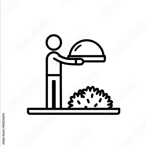 man holds protective glass hemisphere over bush black and white line vector icon isolation white background.