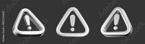 3D silver warning icons set with chrome exclamation marks. Symbol of hacker attack, AI security, data protection, spam, privacy, cybersecurity and digital risk alert for UI design. 3D vector icon