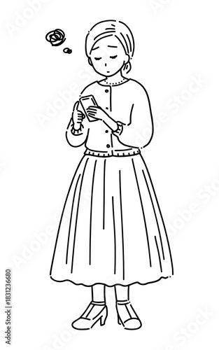 スマホを見る女性　線画4