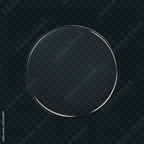 3D liquid glass disc with halo effect. Transparent glossy UI element. Round acrylic button or mirror, futuristic sphere, lens or token for digital interface, game asset, tech design. 3d vector