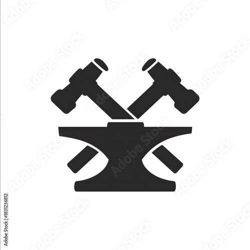 simple symmetric icon 2D flat design vector style black and white showing a pure black anvil and 2 black hammers on a white background.